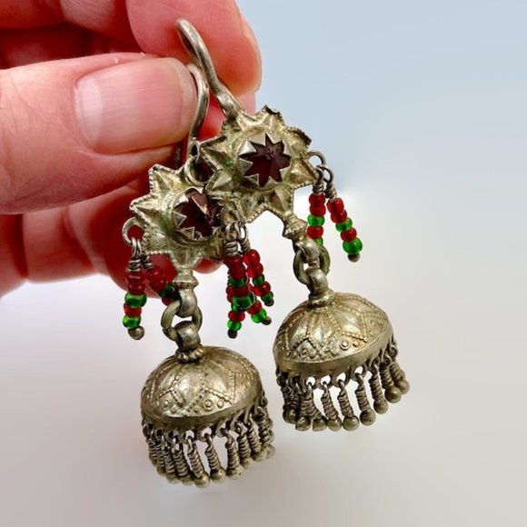 Jewelry - Jhumka Earrings, Old Silver, Kashmir Earrings, Vintage, Green, Red, Bell
